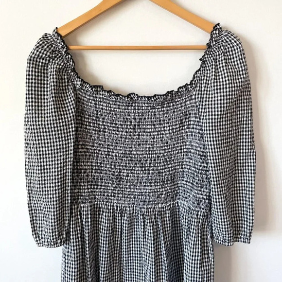 Mango Square Neck Puff Sleeve Smocked Bodice Black White Gingham Mini Dress Sz L - Picture 5 of 7